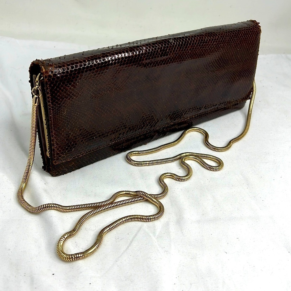 Brown Python Structured Long Clutch Shoulder Bag … - image 1